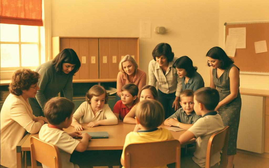 Parents and educators gather around children in a 1970s special education classroom