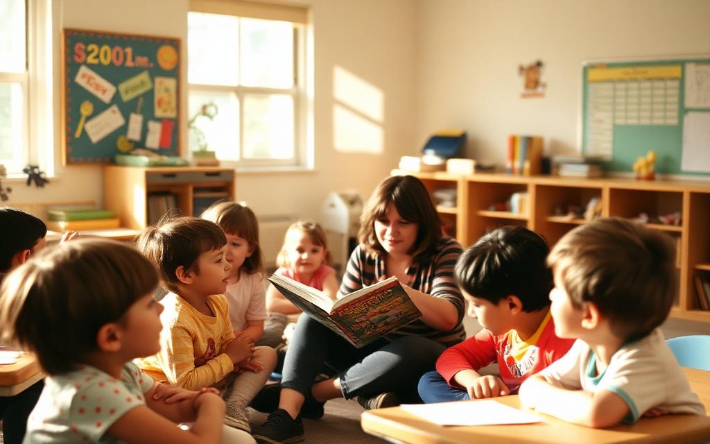 A teacher reads to a circle of children in a bright 1990s classroom