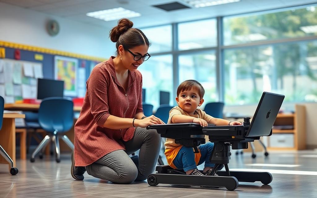 An educator works with a young learner using adaptive technology