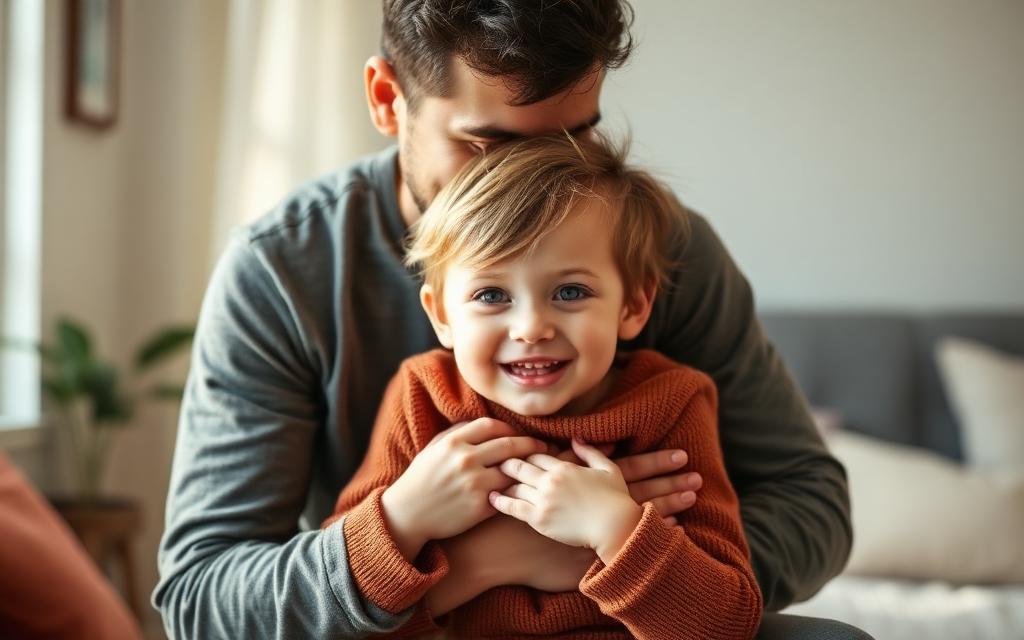 A parent holds a smiling child in a warm modern home