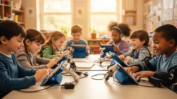 Children learning together with technology in a bright classroom