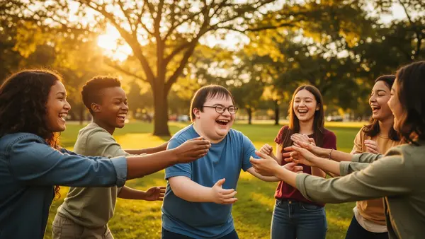 Young adults with special needs playing and laughing together outdoors